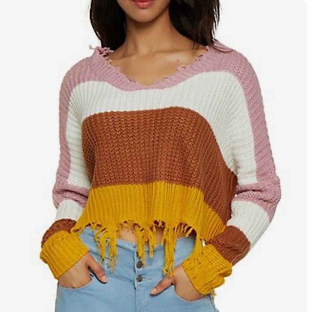 NWT Frayed Mustard Pink Brown Color Block Knit Cropped Sweater Size Medium